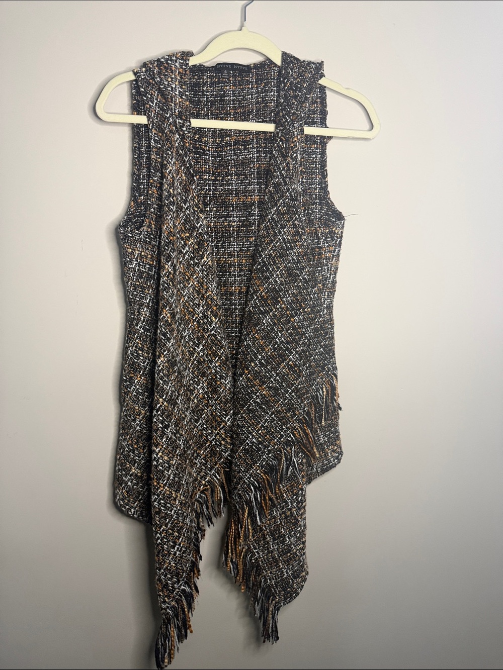 HYFVE Textured Fringe Open-Front Vest in Black, Brown & Cream